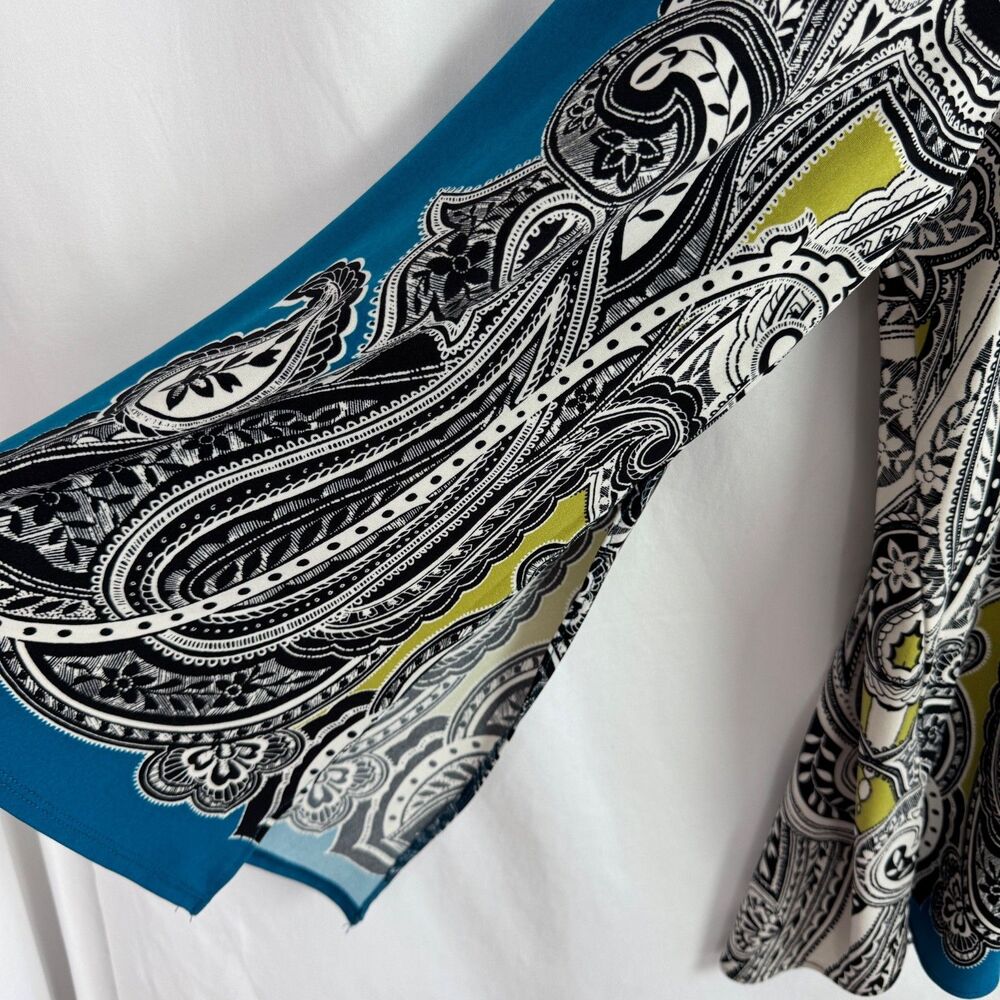 Melissa Paige Tunic Top Blouse Size 1X Blue/Black Print Long Slit Sleeves - Picture 2 of 6